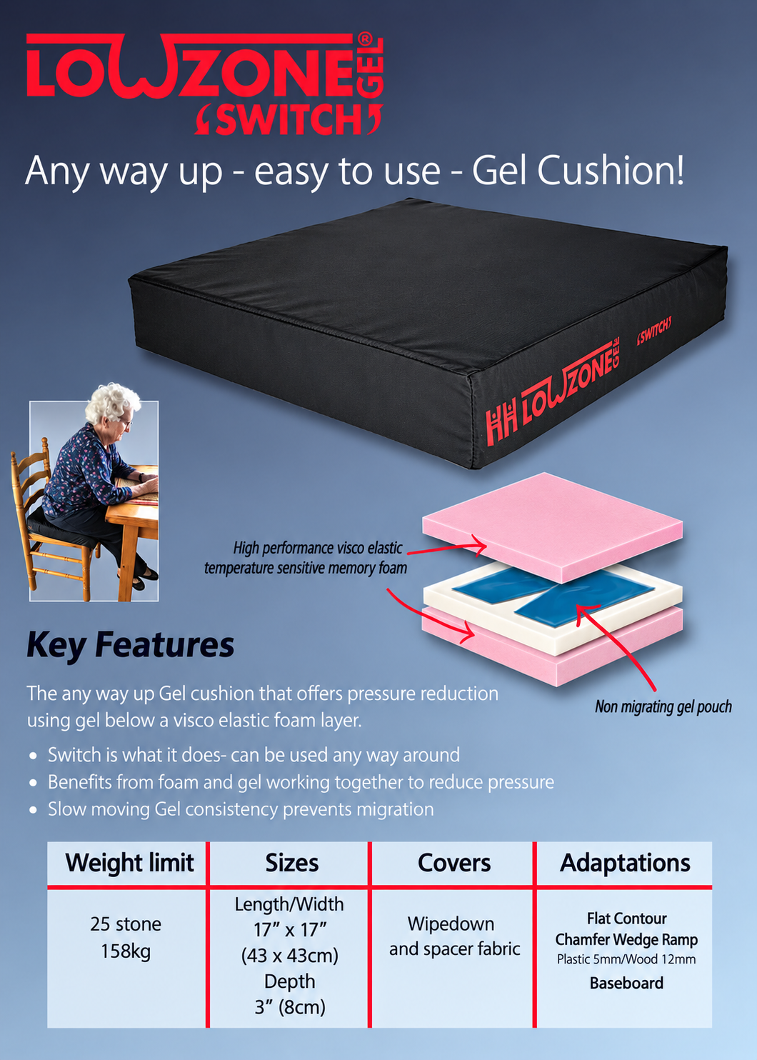 Jay Pressure Care - Low Zone Gel Switch Cushion 17 x 17 - Image 4