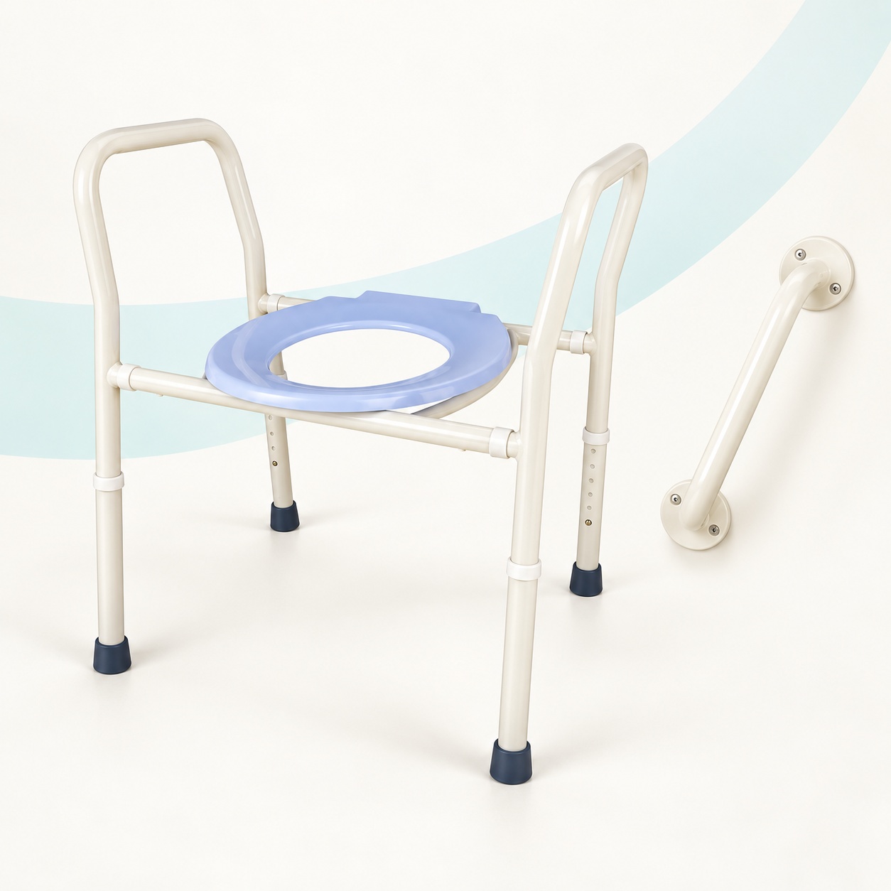 Over-toilet frame with pale blue seat and cream-coloured bathroom grab rail