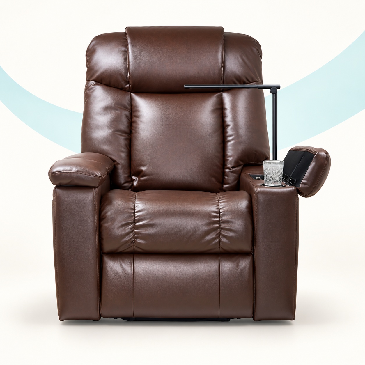 Brown leather recliner chair with reading lamp and cup holder