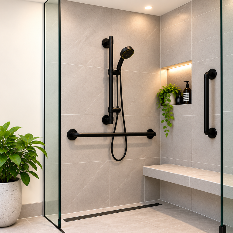 Black grab rails in a shower