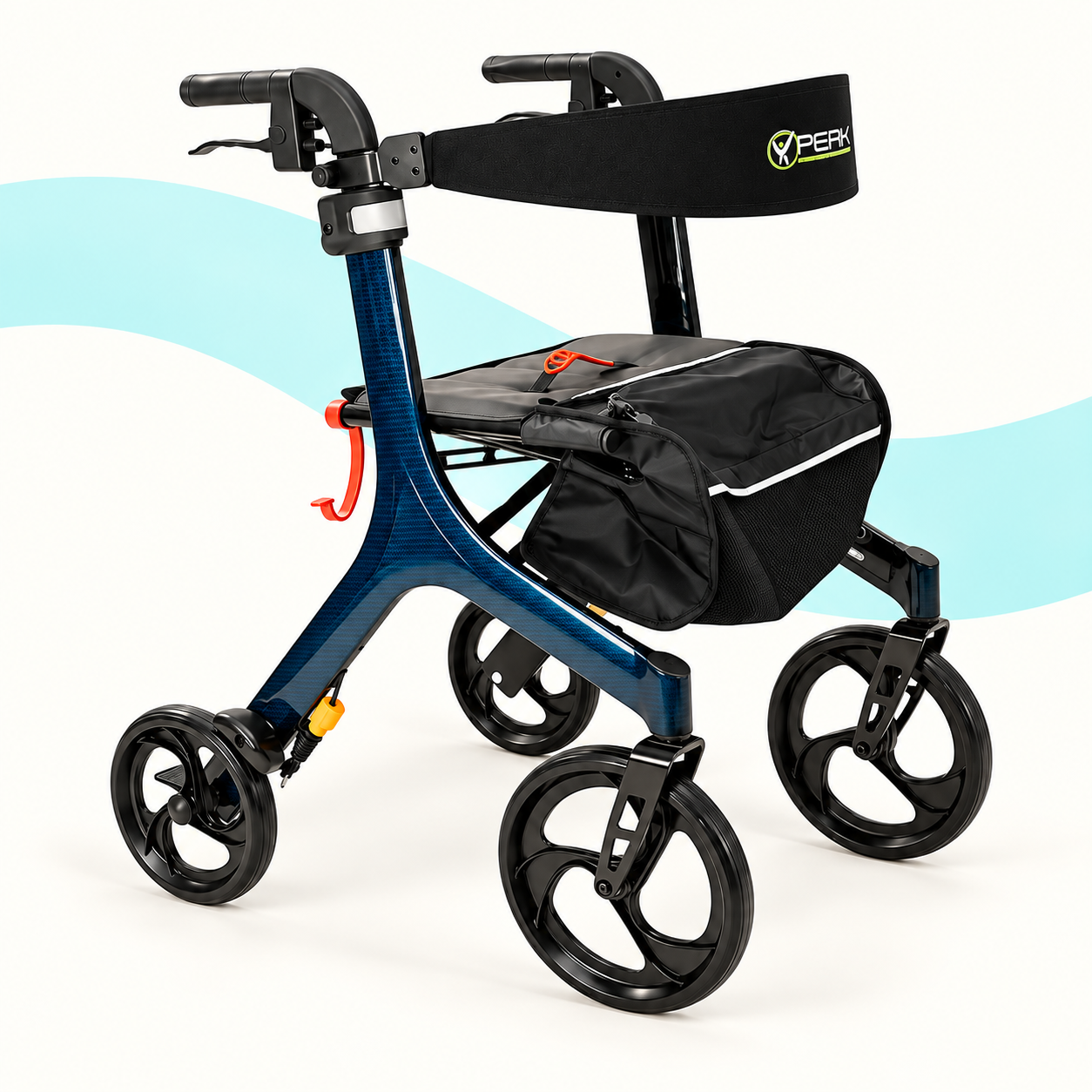 Blue Peak rollator with black seat and storage bag