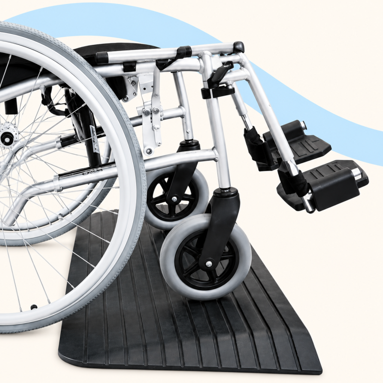 Wheelchair on a rubber threshold ramp
