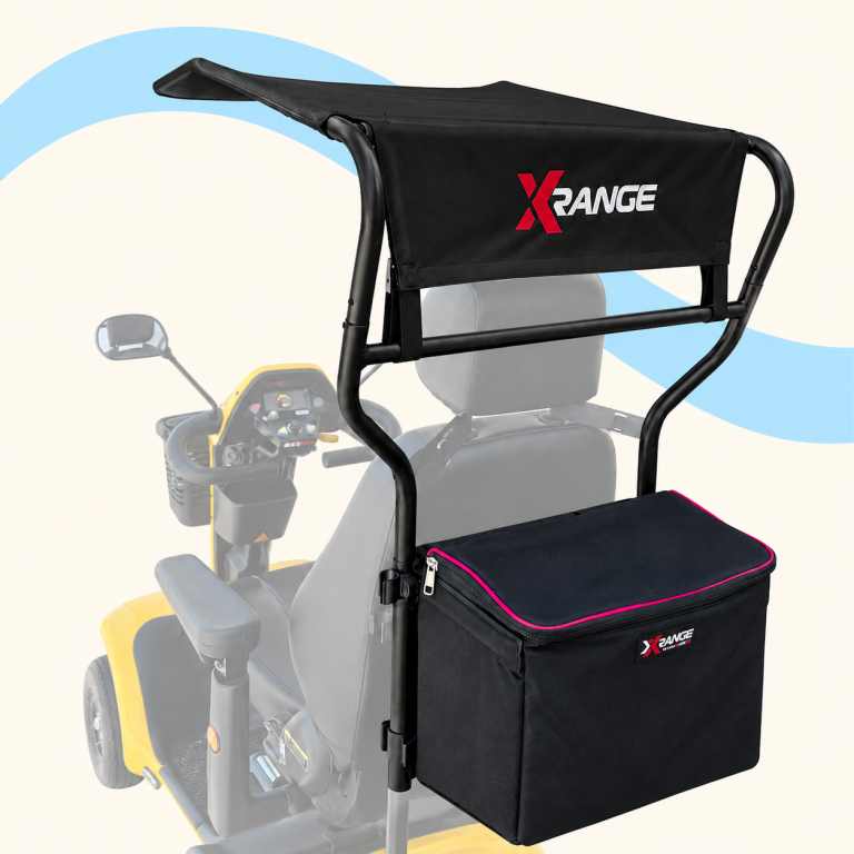 Mobility scooter canopy and rear storage bag
