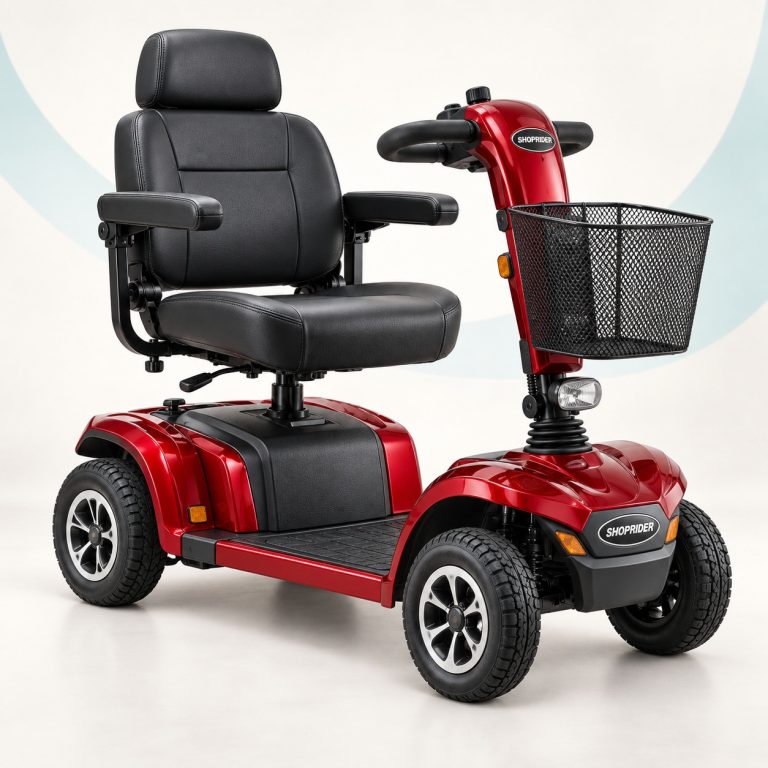Red Shoprider-style four-wheel mobility scooter