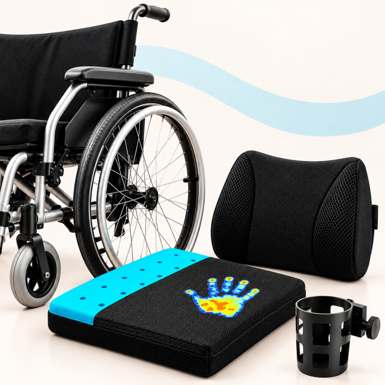 Wheelchair Accessories on cream and teal background